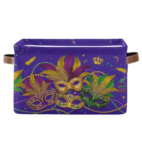 Image of Mardi Gras Purple Storage Basket with Waterproof Liner and PU Handles Masquerade Mask Fleur de Lis Storage Bins Boxes 14.2 inch Collapsible Decorative Organizer Baskets for Bedroom Closet Office 1 Pack