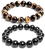 Beaded Bracelets for Men Women: Black Obsidian Tigers Eye Bracelet 12mm Handmade Elastic Stretch Mens Bracelets Black Tourmaline Protection Stone Beads Bracelet Healing Crystal Gifts for Men 2PCS