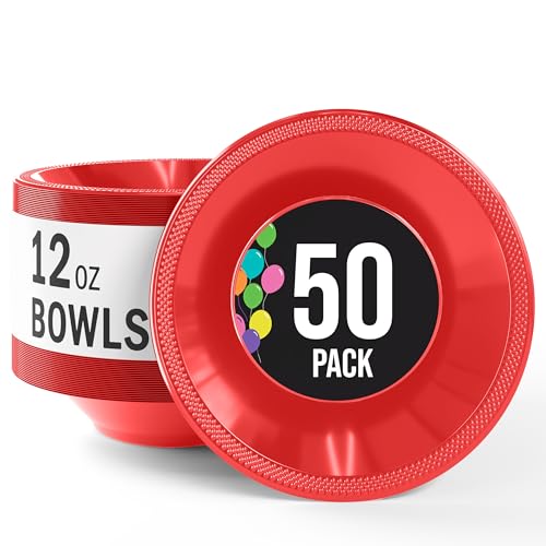 Party Solids 12 Oz Red Plastic Bowls Disposable Bowls for Hot Food Soup 50 Pcs - For Soup Salad Cereal Desserts & Party Supplies