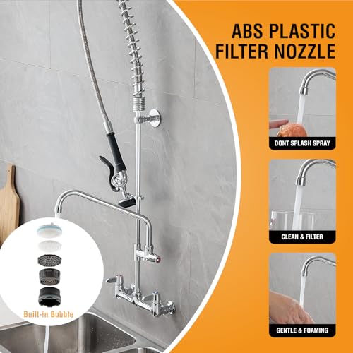 Image of GIMILI Commercial Sink Faucet with Sprayer, 43 inch Height 8 Inch Center Pull Down Wall Mount Faucet for Restaurant, Kitchen, Industrial, Farmhouses Sink