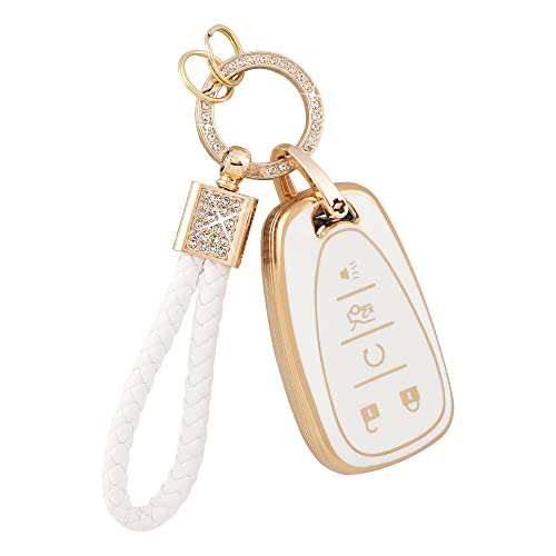 PIFOOG Key Fob Case for Chevy TPU 5 Button Keys Cover Shell Glittering Car Keychain for Malibu Equinox Trax Camaro Blazer Traverse Trailblazer Spark Girly Cute White Gold