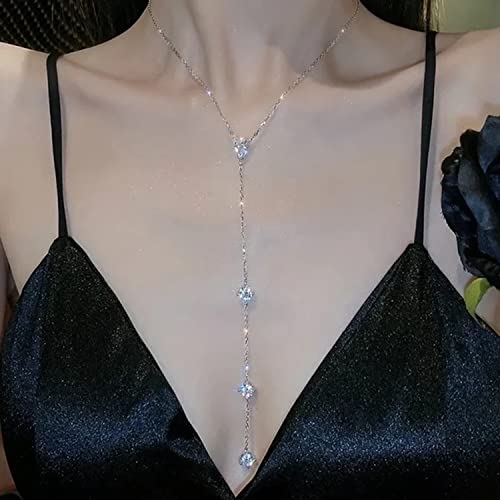 Wekicici Long Rhinestone Necklace Y Teardrop Necklace Sparkly Crystal Tassel Pendant Long Chain Silver Necklace for Women4