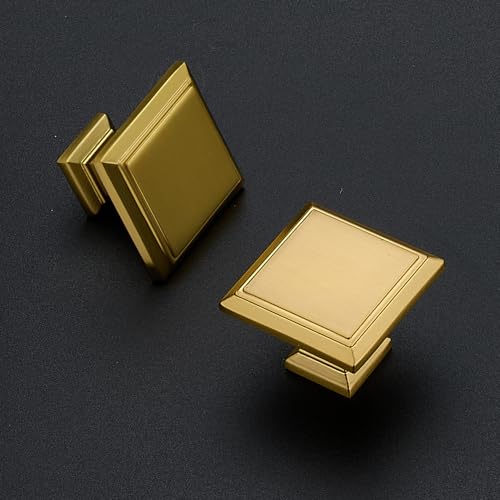 Image of Ravinte 10 Pack 1-3 /16 Inch Brushed Brass Kitchen Square Cabinet Knobs Solid Drawer Pulls Gold Single Hole Kitchen Cabinet Hardware Knobs for Cabinets and Drawers