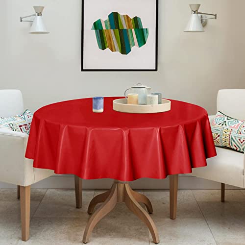 Image of sancua 100% Waterproof Round PVC Tablecloth - 60 Inch - Oil Proof Spill Proof Vinyl Table Cloth, Wipe Clean Table Cover for Dining Tables, Buffet Parties and Camping, Red