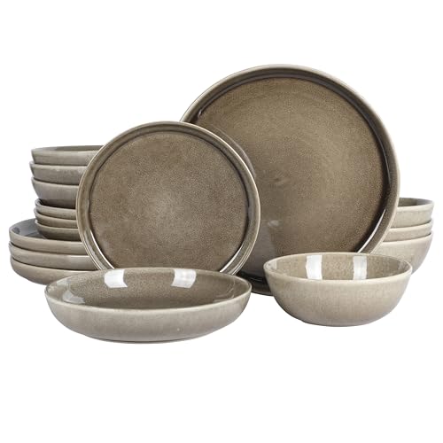 Image of Gibson Elite Berea 16 Piece (Service for 4) Plates and Bowls Reactive Glaze Round Dishes Stoneware Ceramic Dinnerware Set -Taupe