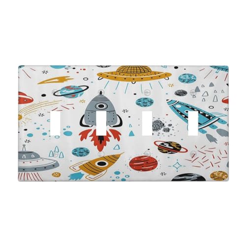 Cartoon Space Rocket Boys Universe Planet Quad Toggle Light Switch Covers Decorative Unique 4 Gang Wall Plate Electrical Faceplate Switchplate for Nursery Kidroom Bedroom Bathroom Decor