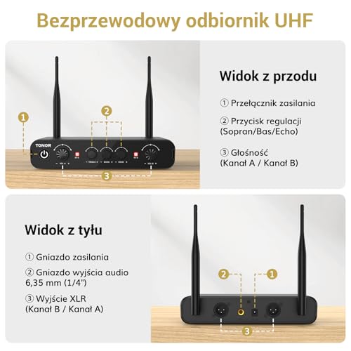 Systemy mikrofonów bezprzewodowych, TONOR Profesjonalny zestaw mikrofonów karaoke UHF, mikrofon do śpiewania z odbiornikiem do karaoke, imprez DJ-skich, kościołów, wesel, przemówień, PA TW350 Czerwony