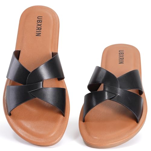 UBXRIN Womens Minimalist Memory Foam Comfortable Slide Sandals Summer Casual Soft Leather Flat Slippers