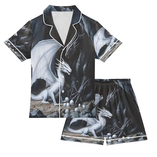 ALAZA Black White Dragon Egg Satin Pajamas Set Short Sleeve Button Down Sleepwear Summer Pjs 2 Piece