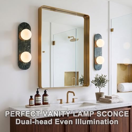 Image of Modern Green Marble Wall Sconce, Natural Stone Wall Lamp with Etched Opal Glass Shade, Mid-Century Minimalist Hardwired Wall Light for Bathroom Vanity, Bedroom, Living Room, Hallway 17.7in