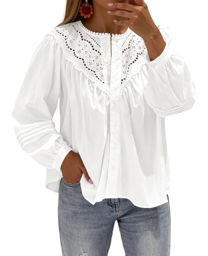 Tankaneo Womens Lace Button Down Shirts Puff Long Sleeve Babydoll Blouses Dressy Casual Crew Neck Pleated Loose Fit Tops
