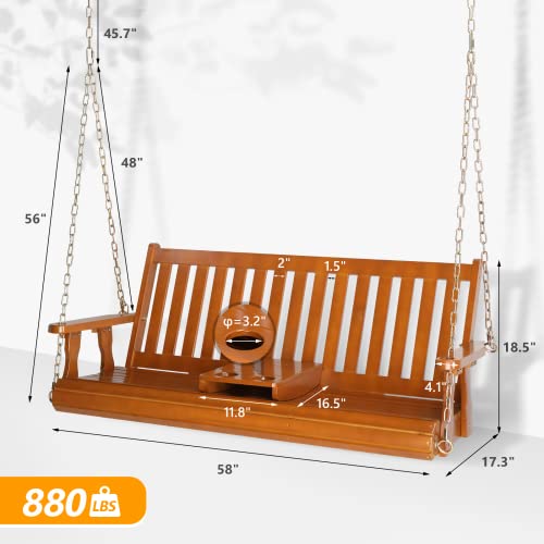 Image of VINGLI Heavy Duty 880 LBS Wooden Patio Porch Swing with Cup Holder, 5 FT Well-Finished Outdoor Swing Chair Bench with Adjustable Chains for Porch, Yard, Balcony, Tree