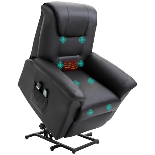 HOMCOM Fernsehsessel mit Aufstehhilfe Elektrisch Relaxsessel mit Liegefunktion, Heiz- und Massagefunktion, Massagesessel TV-Sessel mit Seitentasche und Fernbedienung, Kunstleder, Schwarz