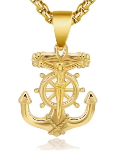 JAJAFOOK Men's Stainless Steel Silver Nautical Anchor Jesus Cross Necklace Chain Link