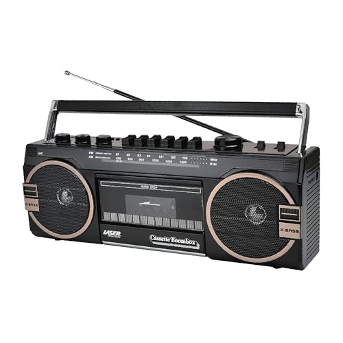 Laser Portable Retro Boombox with Cassette Player, Bluetooth, AM/FM Radio, USB & SD Card Support - Record, Play & Stream Music - Classic 80s Style Stereo with Handle for Indoor or Outdoor Use