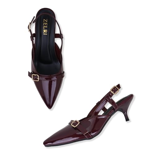 Image of Women's Pointed Toe Kitten Heels, Elegant Glossy Patent Leather Slingback Pumps with Adjustable Buckle Strap, 2-Inch Pencil Heel Sandals