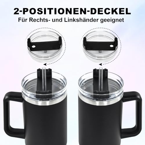 FECBK Thermobecher mit Strohhalm, Henkel und 2 Deckeln 1,2L, Schwarz – Ansicht 4