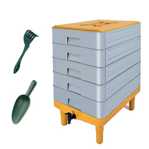 TOP XIAN 5-Etagen Wurmkomposter 100 Liter für Innen & Außen Starter Set aus Kunststoff als Wurmkiste & Wurmfarm mit Auslaufhahn für Einsteiger Grau
