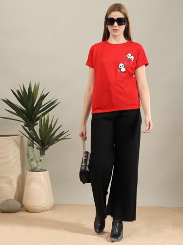 Image of bearbrother Women Regular Fit Printed Red Half Sleeves Round Neck Tshirt