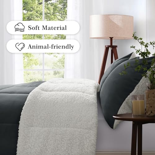 Image of MERITLIFE Fluffy Sherpa King Size Bedding Comforter Sets King Comforter Set-3 Pieces Bed in a Bag Dark Grey Soft Comforter and Pillowcase Luxury Warm Bedding Set for Winter