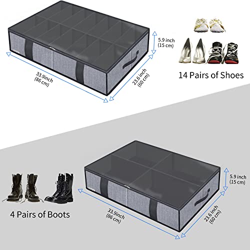 Onlyeasy Under Bed Shoe Storage Organizers for Kids and Adults Fit 14 Pairs of Shoes & 4 Pairs of Boots, Sturdy Underbed Organizer with 2 Strong Zippers and 4 Handles, Linen-like Grey, MXDUBS14S4