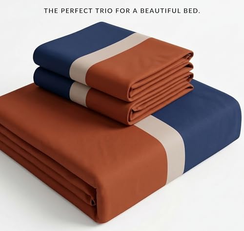 Image of VAS COLLECTIONS Premium Cotton Bedsheet for Double Bed with 2 Pillow Covers - Soft, Breathable & Wrinkle Resistant Cotton Bedding Set, King Size Bed Sheet 90 x 100 Inches (Navy Orange)