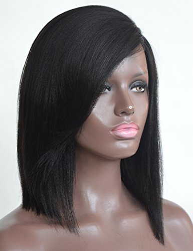 Chantiche Best Light Yaki Short Bob Cut Silk Top Lace Front Wigs Human Hair 3" Invisible Left Deep Parting Glueless Brazilian Remy Human Hair Wig for African Americans 12 Inch Natural Black #1B