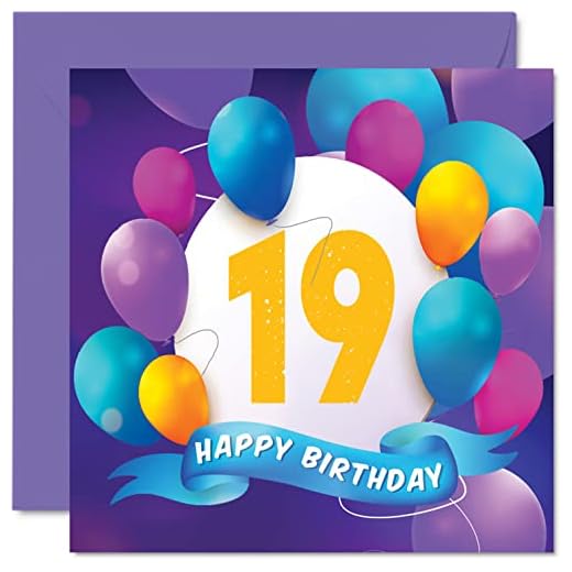 Tarjeta cumpleaños 19 hombres y mujeres, fiesta en globo, tarjetas feliz cumpleaños hombre 19 años, mujer, hermano, hermana, hijo, hija, nieto, primo, 145 mm x 145 mm, tarjetas felicitación cumpleaños