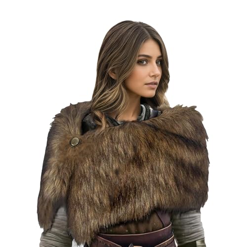 TINAYAUE Damen Kunstfell Schal Wikinger Plüschschal Retro Fell Schulter mittelalterlicher Umhang Wikinger Königin Kostüm Renaissance Pelzkragen Dicker Ritter Umhang für...