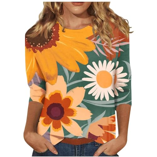 Ceboyel 3/4 Sleeve Tops for Women Summer Floral Paisley Print Tees Shirts Trendy Ladies Blouses Dressy Casual Clothing 2024 T Shirts for Women Graphic Trendy Yellow 2X