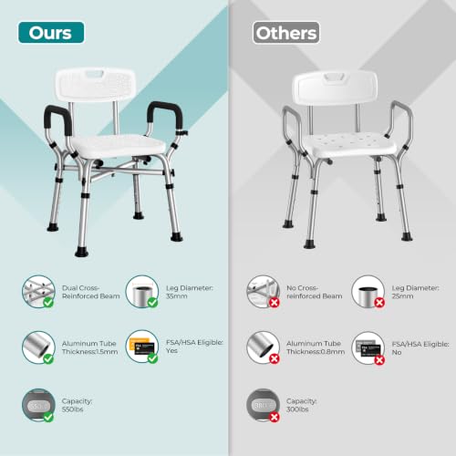 Image of Shower Chair for Inside Shower with Arms & Back, 550 lbs, 6 Heights | Dual Crossbar Frame, Non-Slip Feet, 22-Inch EVA-Cushioned Seat, Showerhead Holder, Rust-Resistant Aluminum, Tool-Free Setup