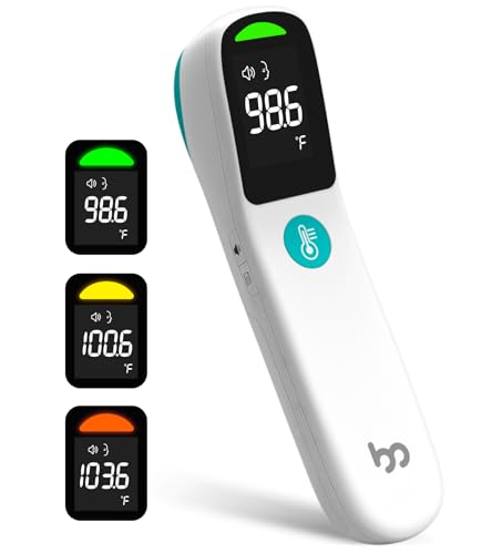 Femometer Family No-Touch Forehead Thermometer, 1s Accurate Reading and 3-Color Indicator, 2-in-1 Infrared Thermometer for Adults and Kids with Fever Alarm and Blue-ray Indication, White