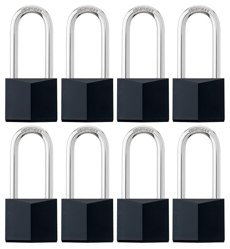Image of 8-Pack Keyed Alike Locks, Black Covered Brass Keyed Padlock with Stainless Steel Long Shackle, 1-9 /16 Inch Lock Body, Rustproof Locks for Gate Fence Hasp Cabinet Toolbox Gym or School Locker