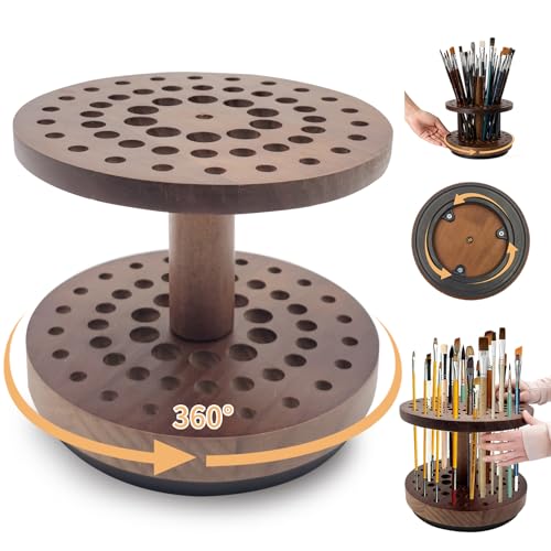 Image of 360 Rotating Hardwood Paint Brush Holder, Artist Desktop Storage Organizer