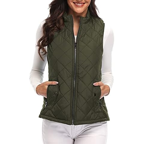Argstar Women's Quilted Puffer Vest with 4 Pockets, Stand Collar Lightweight Zip Padded Sleeveless Outerwear Gilet Army Green Cover