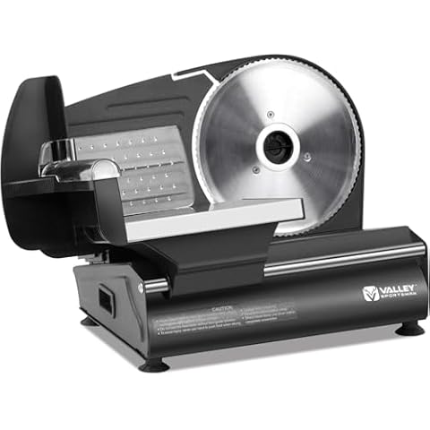 Valley Sportsman 7.5" Electric Meat Slicer, with Stainless Steel Blade, 180W, Adjustable Thickness for Home Use, Easy to Clean, Cuts Meat, Bread, Cheese and Deli, Black Cover