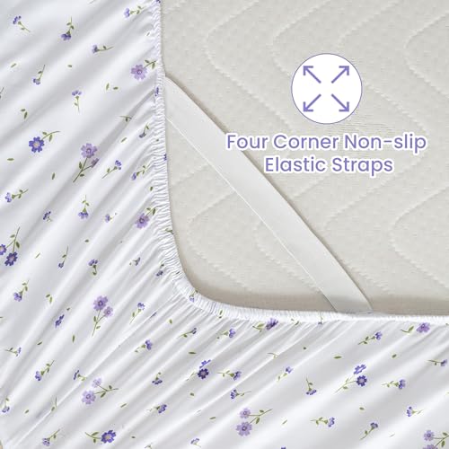 Image of Softan Purple Floral King Bed Sheet Set, Cozy Microfiber Patterned Fitted Sheets with 15 inch Deep Pocket & Non-Slip Straps, Cute Purple Flower Printed Sheets & Pillowcase Set King