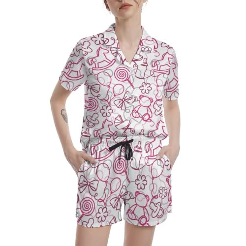 Image of Funny Pajamas for Women Set Print Satin Loungewear Pjs Short Sleeve Button Down Top and Shorts Sets Sleepwear XS-3XL