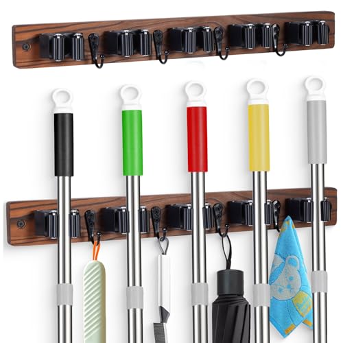 FunCee 2 PACK Broom Holder Wall Mount With 5 Slots & 4 Hooks，Rustic Wood Broom & Mop Hanger，Wall Mounted Garden & Garage Tool Storage Organizer Rack for Closet Laundry Room or Kitchen Wall Decor