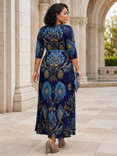 Image of SUZONANA Plus Size Dresses for Women Floral Print Maxi Dress Flowy 3 /4 Sleeve with Belt