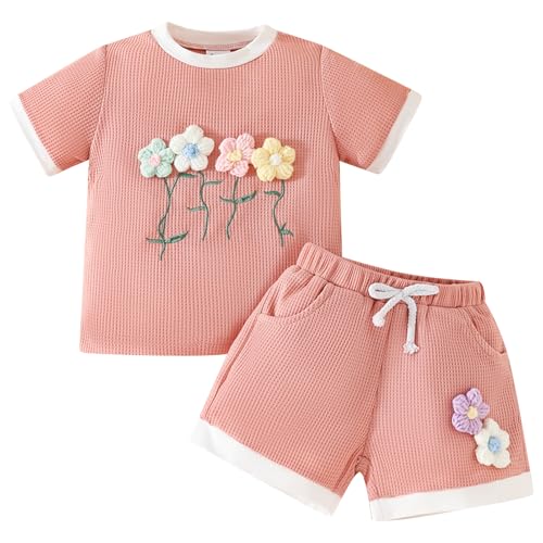 AGYMNX   Conjunto de ropa de verano para bebé y niña, 2 piezas, conjuntos, decoración floral, juegos de ropa para niños, 9 meses – 4 años, rosa, 12 18 Meses
