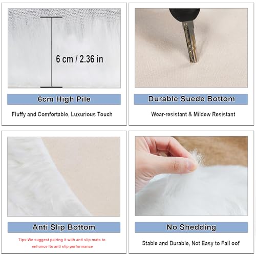 HARESLE Runder Teppich, Flauschiger Weißer Kunstfell Teppich, Maschinenwaschbarer Runder Teppiche für Schlafzimmer, Wohnzimmer, Kinderzimmer (Weiß,60cm/24 Zoll)