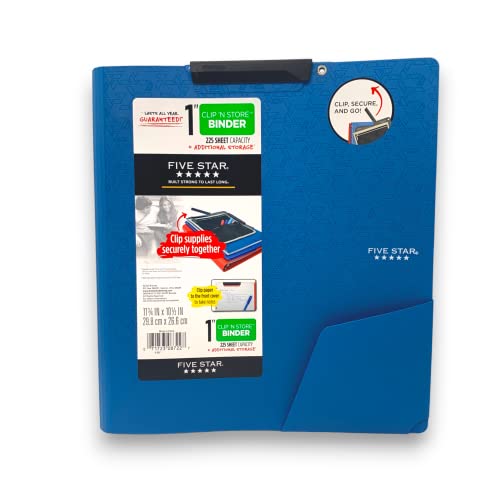 Five Star Clip 'N Store 3-Ring Plastic Binder, 1" Rings, Pacific Blue #TOP8