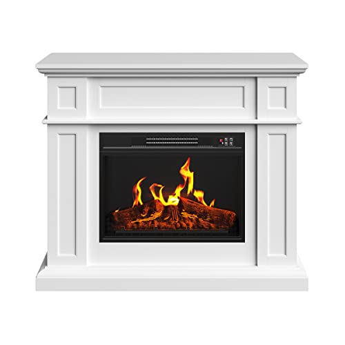 Electric Fireplace with Mantel - Freestanding Heater with Remote Control, Adjustable LED Flames and Faux Logs - Living Room Decor by Northwest (White)