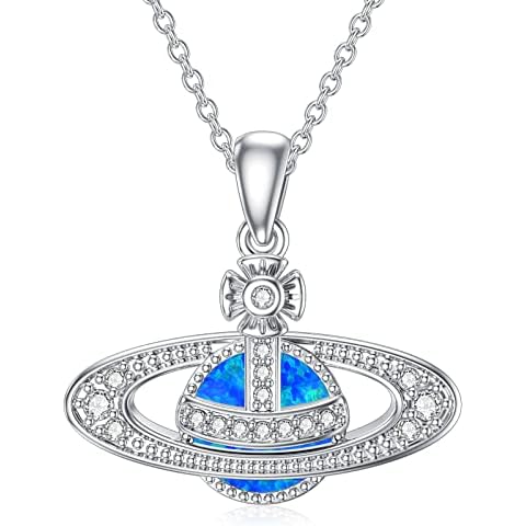 LILALO Saturn Necklace for Women Sterling Sivler Planet Saturn Created Opal Jewelry Opal Saturn Gifts for Birthday Cover