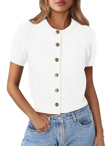 Kistore Kistore Womens Summer Casual Short Sleeve Sweater Cardigan Button Down Crew Neck Knitted Crop Cardigan Tops
