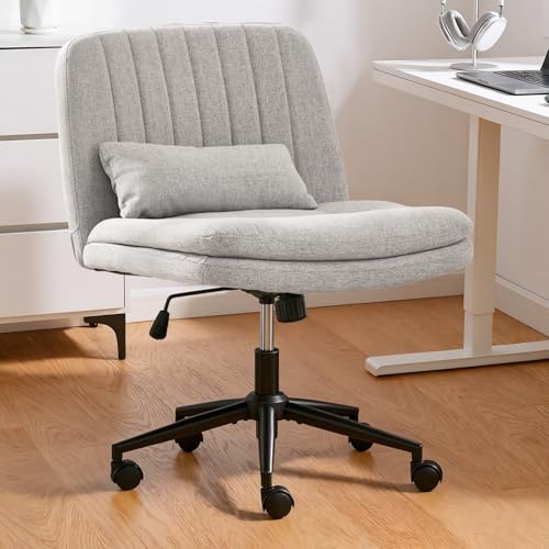 BINGTOO Gray Armless Office Chair with Wheels, Linen Fabric Computer Desk Chair with Wide Seat and High Back, Adjustable Height Swivel Chair with Lumbar Support for Office, Bedroom and Vanity