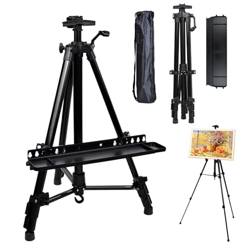 FANGCUU イーゼル 55-160cm 金属 画架 折りたたみ 携帯 軽量 三脚式 手回し 高さ調整可能 スケッチ 素描 写生 水彩 絵画 教室 屋外 室内 用 トレイ付き 収納袋付き