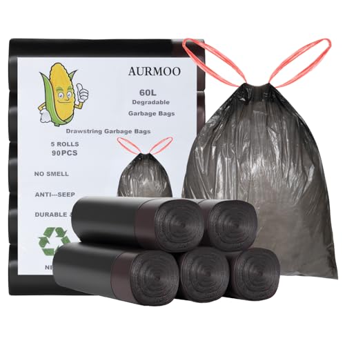AURMOO Sacs Poubelle 60L avec Cordon de Serrage, Sacs Poubelle Dégradables, 90 Pièces, Müllbeutel avec Cordon de Serrage, Sac à Ordures de Cuisine, Sac de Déchets Alimentaires, B60xH80cm, Noir