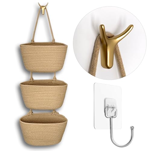 3-Tier Decorative Cotton Rope Hanging Basket, Wall-Mounted Woven ...